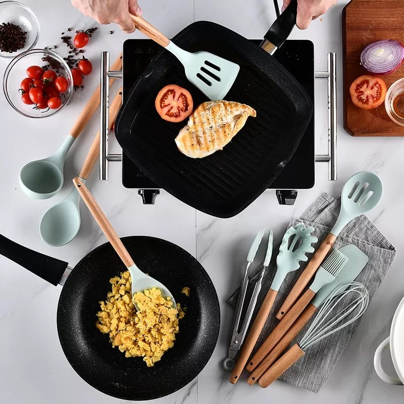 Kitchen Utensil Set 11 PCS Cooking Utensils With Plastic Utensil Holder, Non-stick Silicone and Heat Resistant Wooden Utensils.